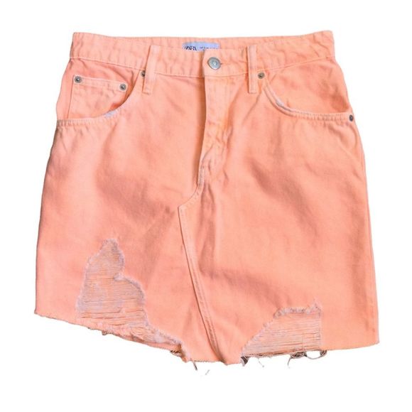 Zara Denim Neon Orange Jean Skirt Distressed Size Small - Picture 1 of 4